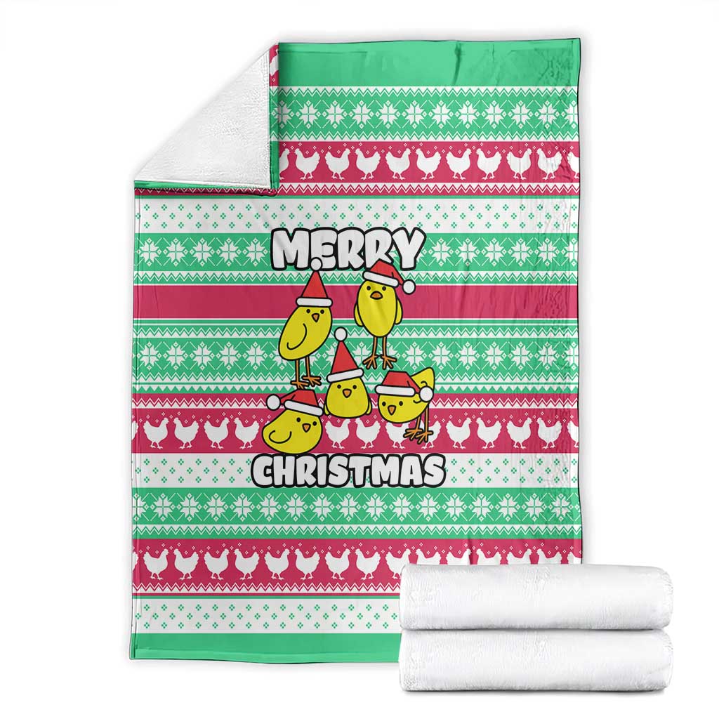 Merry Chickmas Christmas Blanket with Yellow Cartoon Birds in Santa Hats and Red Green Snowflake Pattern - Wonder Print Shop