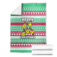 Merry Chickmas Christmas Blanket with Yellow Cartoon Birds in Santa Hats and Red Green Snowflake Pattern - Wonder Print Shop