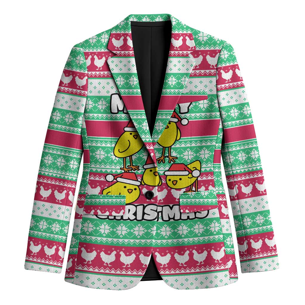 Merry Chickmas Christmas Blazer with Yellow Cartoon Birds in Santa Hats and Red Green Snowflake Pattern - Wonder Print Shop