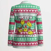 Merry Chickmas Christmas Blazer with Yellow Cartoon Birds in Santa Hats and Red Green Snowflake Pattern - Wonder Print Shop