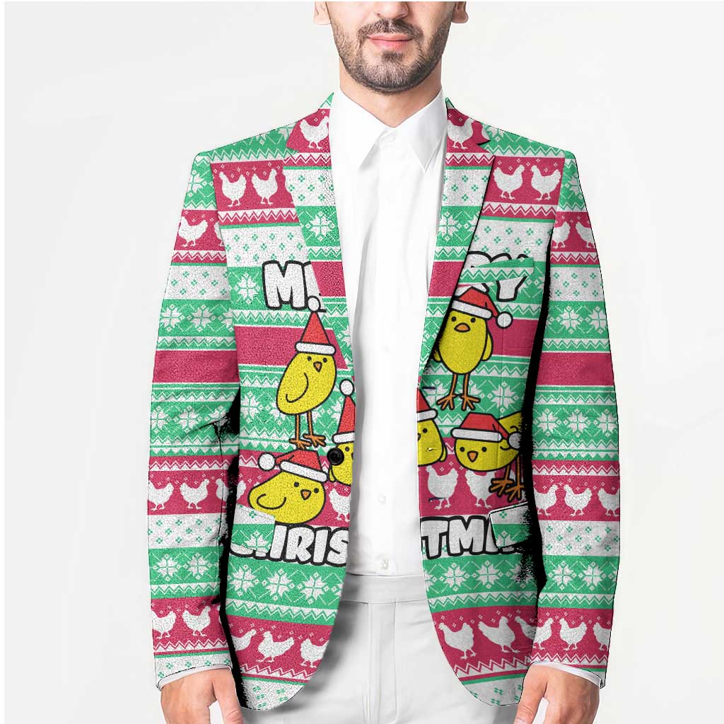 Merry Chickmas Christmas Blazer with Yellow Cartoon Birds in Santa Hats and Red Green Snowflake Pattern - Wonder Print Shop