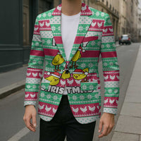 Merry Chickmas Christmas Blazer with Yellow Cartoon Birds in Santa Hats and Red Green Snowflake Pattern - Wonder Print Shop