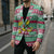 Merry Chickmas Christmas Blazer with Yellow Cartoon Birds in Santa Hats and Red Green Snowflake Pattern - Wonder Print Shop