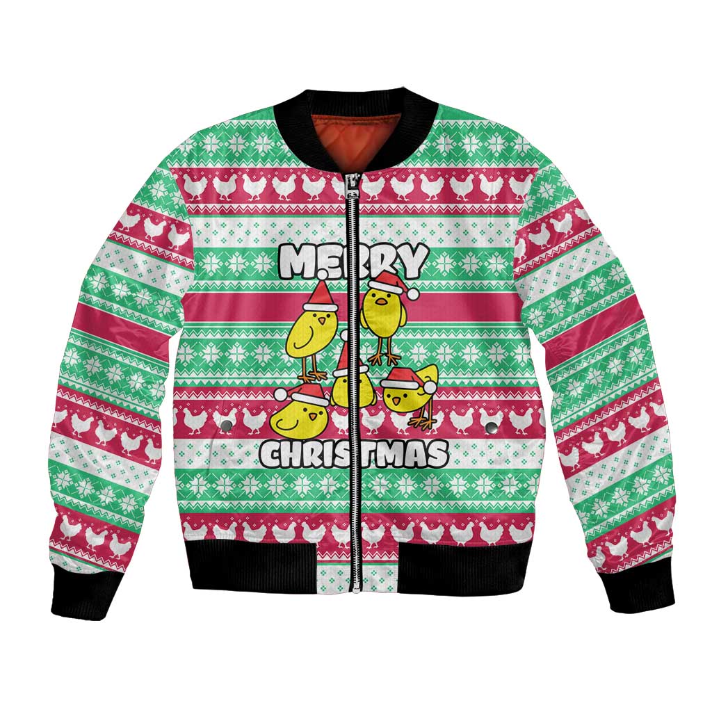 Merry Chickmas Christmas Bomber Jacket with Yellow Cartoon Birds in Santa Hats and Red Green Snowflake Pattern - Wonder Print Shop