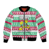 Merry Chickmas Christmas Bomber Jacket with Yellow Cartoon Birds in Santa Hats and Red Green Snowflake Pattern - Wonder Print Shop