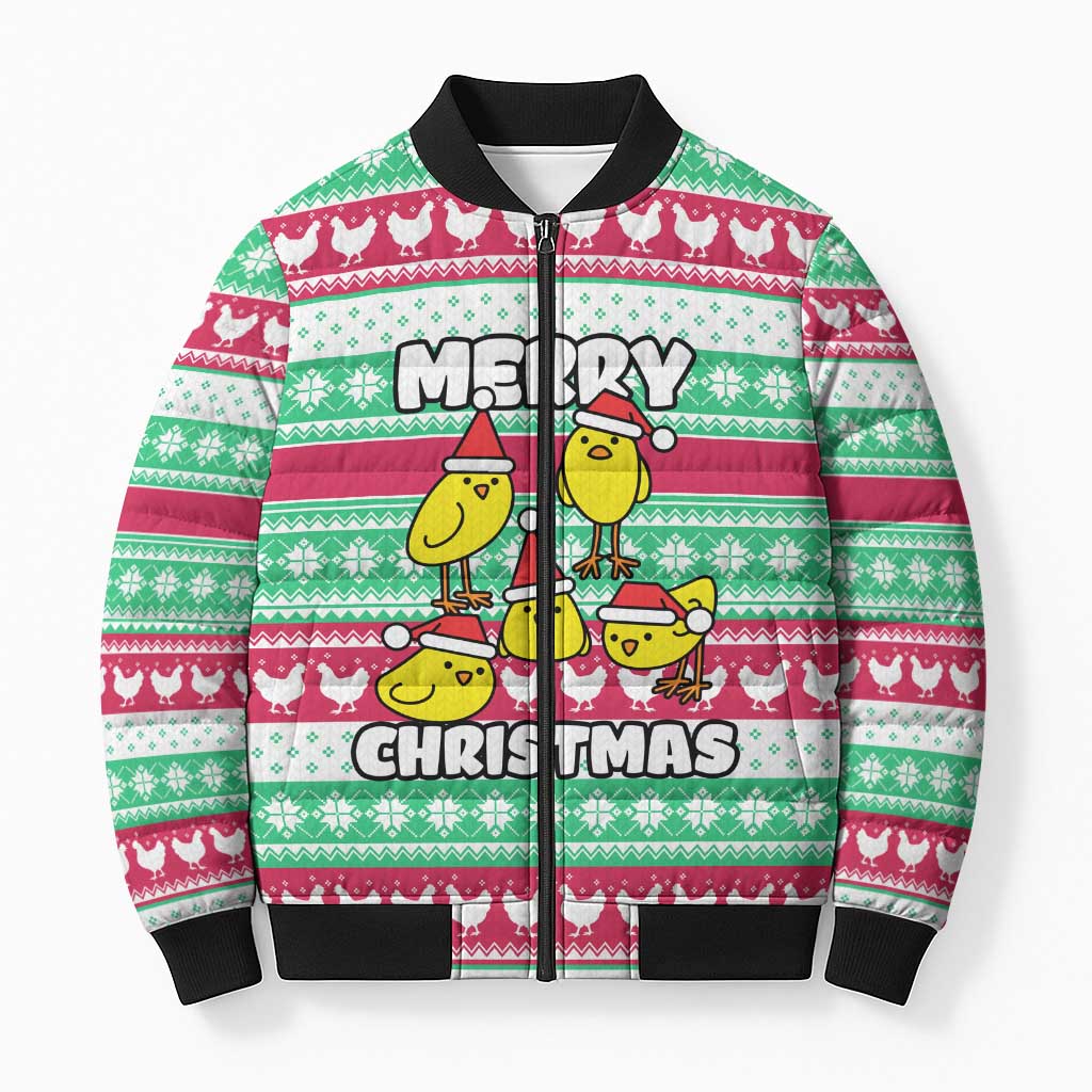 Merry Chickmas Christmas Bomber Puffer Jacket with Yellow Cartoon Birds in Santa Hats and Red Green Snowflake Pattern - Wonder Print Shop