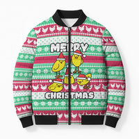Merry Chickmas Christmas Bomber Puffer Jacket with Yellow Cartoon Birds in Santa Hats and Red Green Snowflake Pattern - Wonder Print Shop