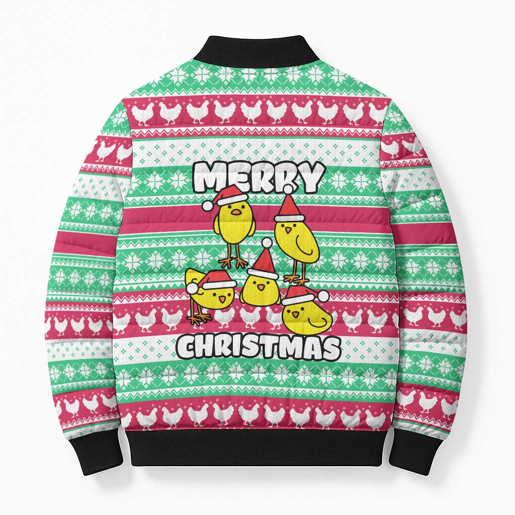 Merry Chickmas Christmas Bomber Puffer Jacket with Yellow Cartoon Birds in Santa Hats and Red Green Snowflake Pattern - Wonder Print Shop