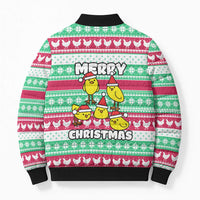 Merry Chickmas Christmas Bomber Puffer Jacket with Yellow Cartoon Birds in Santa Hats and Red Green Snowflake Pattern - Wonder Print Shop