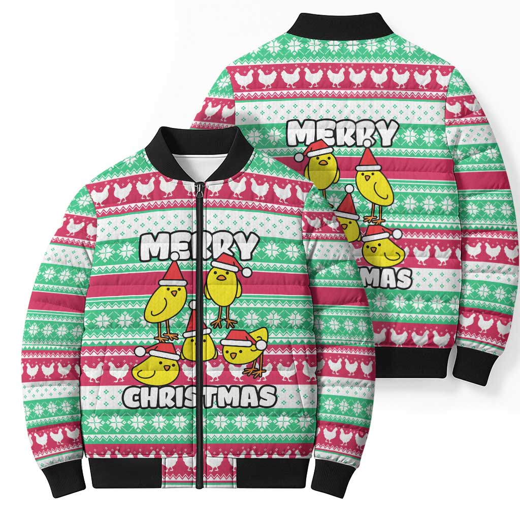 Merry Chickmas Christmas Bomber Puffer Jacket with Yellow Cartoon Birds in Santa Hats and Red Green Snowflake Pattern - Wonder Print Shop