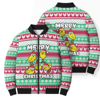Merry Chickmas Christmas Bomber Puffer Jacket with Yellow Cartoon Birds in Santa Hats and Red Green Snowflake Pattern - Wonder Print Shop