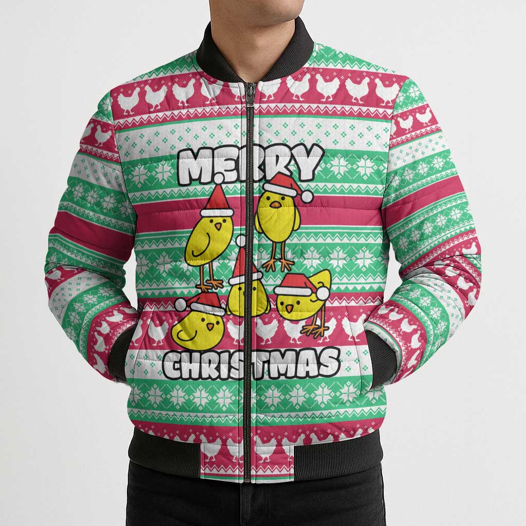 Merry Chickmas Christmas Bomber Puffer Jacket with Yellow Cartoon Birds in Santa Hats and Red Green Snowflake Pattern - Wonder Print Shop
