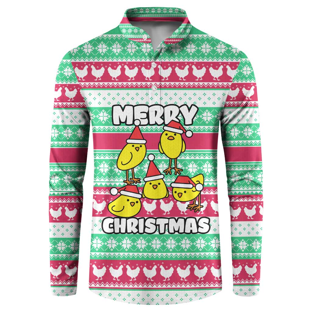 Merry Chickmas Christmas Button Sweatshirt with Yellow Cartoon Birds in Santa Hats and Red Green Snowflake Pattern - Wonder Print Shop