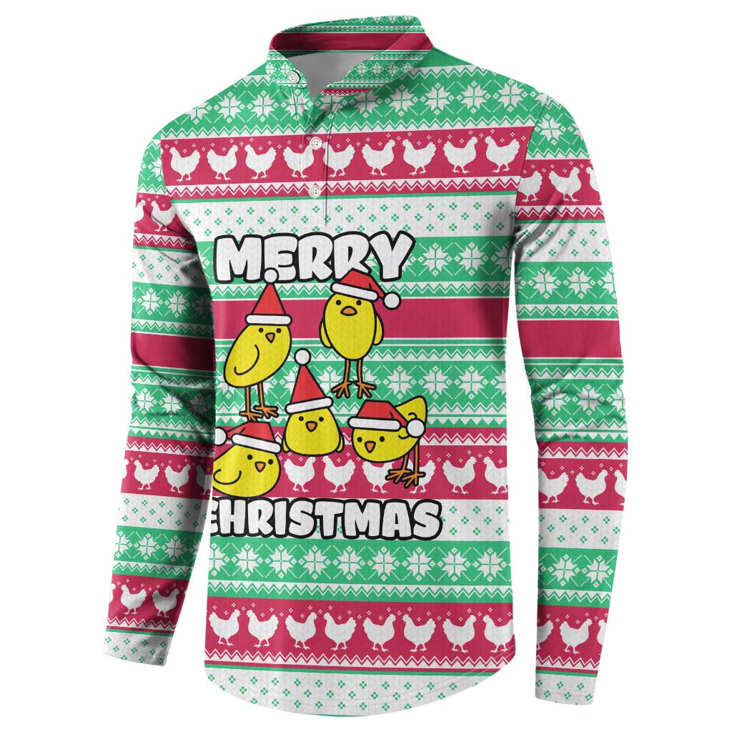 Merry Chickmas Christmas Button Sweatshirt with Yellow Cartoon Birds in Santa Hats and Red Green Snowflake Pattern - Wonder Print Shop