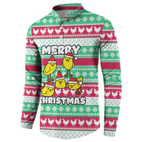 Merry Chickmas Christmas Button Sweatshirt with Yellow Cartoon Birds in Santa Hats and Red Green Snowflake Pattern - Wonder Print Shop