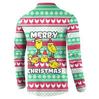 Merry Chickmas Christmas Button Sweatshirt with Yellow Cartoon Birds in Santa Hats and Red Green Snowflake Pattern - Wonder Print Shop