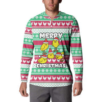 Merry Chickmas Christmas Button Sweatshirt with Yellow Cartoon Birds in Santa Hats and Red Green Snowflake Pattern - Wonder Print Shop