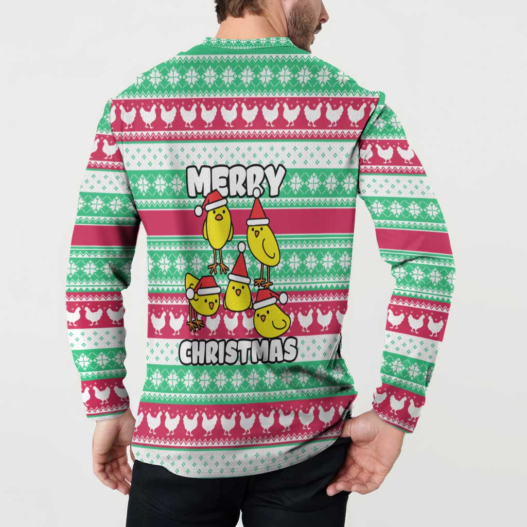 Merry Chickmas Christmas Button Sweatshirt with Yellow Cartoon Birds in Santa Hats and Red Green Snowflake Pattern - Wonder Print Shop