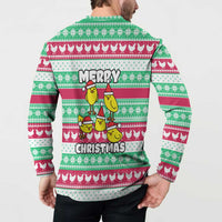 Merry Chickmas Christmas Button Sweatshirt with Yellow Cartoon Birds in Santa Hats and Red Green Snowflake Pattern - Wonder Print Shop