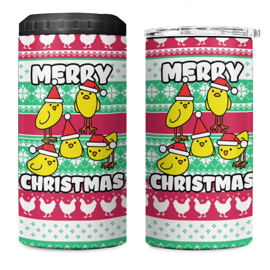 Merry Chickmas Christmas 4 in 1 Can Cooler Tumbler with Yellow Cartoon Birds in Santa Hats and Red Green Snowflake Pattern - Wonder Print Shop