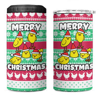 Merry Chickmas Christmas 4 in 1 Can Cooler Tumbler with Yellow Cartoon Birds in Santa Hats and Red Green Snowflake Pattern - Wonder Print Shop