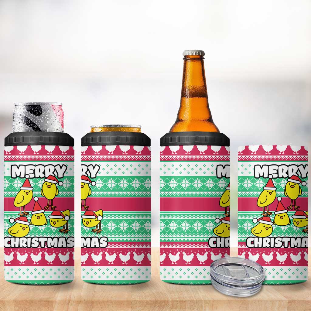 Merry Chickmas Christmas 4 in 1 Can Cooler Tumbler with Yellow Cartoon Birds in Santa Hats and Red Green Snowflake Pattern - Wonder Print Shop