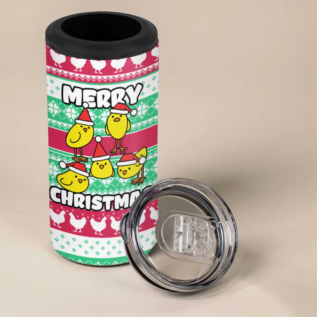 Merry Chickmas Christmas 4 in 1 Can Cooler Tumbler with Yellow Cartoon Birds in Santa Hats and Red Green Snowflake Pattern - Wonder Print Shop