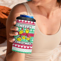Merry Chickmas Christmas 4 in 1 Can Cooler Tumbler with Yellow Cartoon Birds in Santa Hats and Red Green Snowflake Pattern - Wonder Print Shop