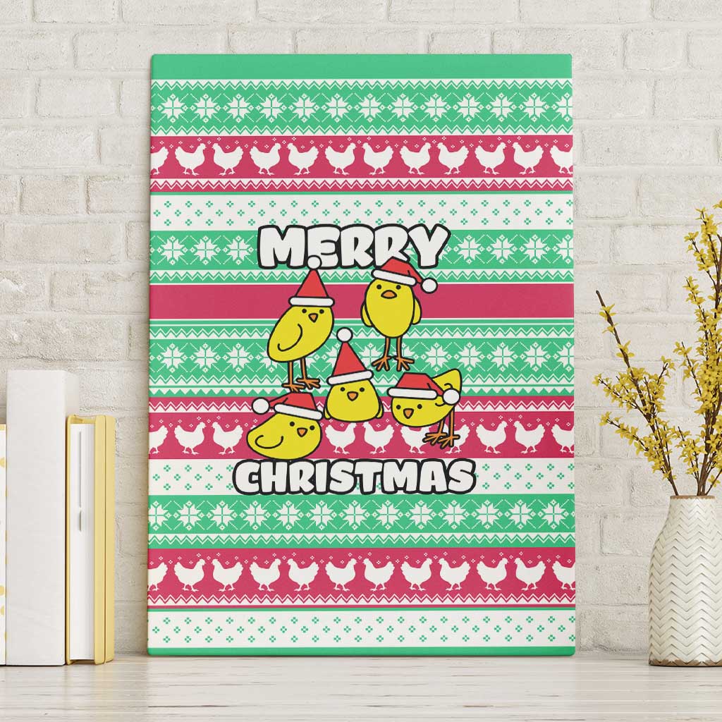 Merry Chickmas Christmas Canvas Wall Art with Yellow Cartoon Birds in Santa Hats and Red Green Snowflake Pattern - Wonder Print Shop