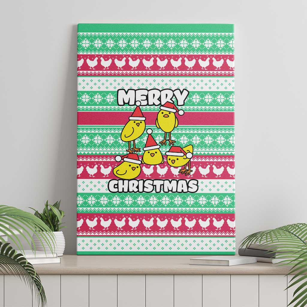 Merry Chickmas Christmas Canvas Wall Art with Yellow Cartoon Birds in Santa Hats and Red Green Snowflake Pattern - Wonder Print Shop