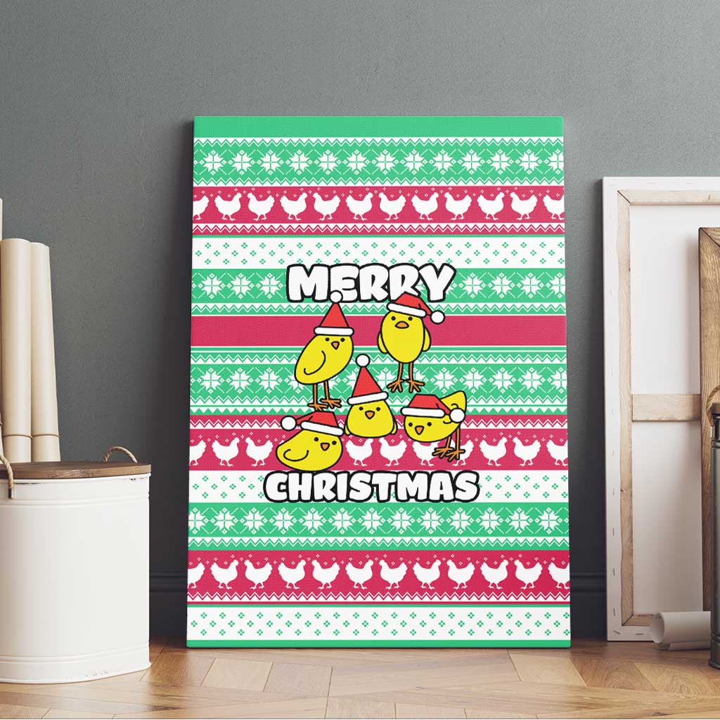 Merry Chickmas Christmas Canvas Wall Art with Yellow Cartoon Birds in Santa Hats and Red Green Snowflake Pattern - Wonder Print Shop
