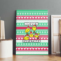 Merry Chickmas Christmas Canvas Wall Art with Yellow Cartoon Birds in Santa Hats and Red Green Snowflake Pattern - Wonder Print Shop