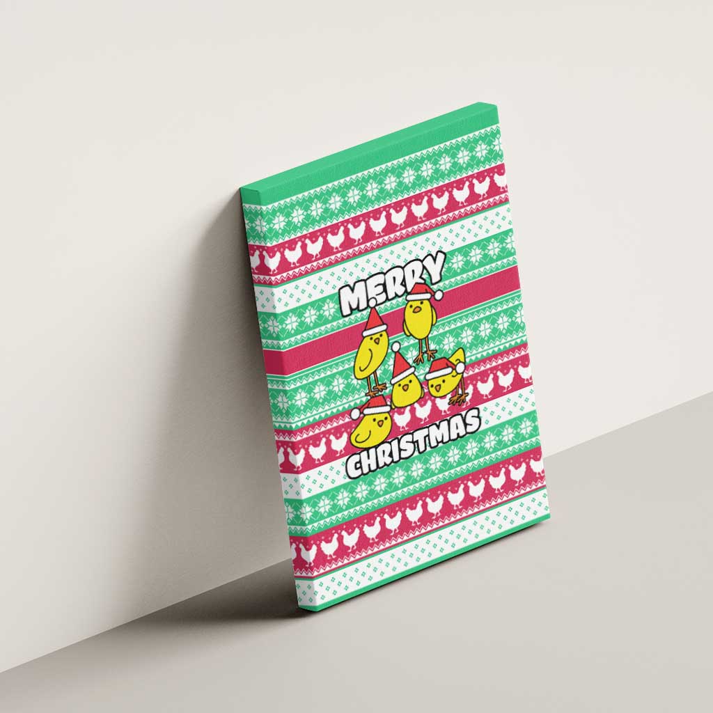 Merry Chickmas Christmas Canvas Wall Art with Yellow Cartoon Birds in Santa Hats and Red Green Snowflake Pattern - Wonder Print Shop