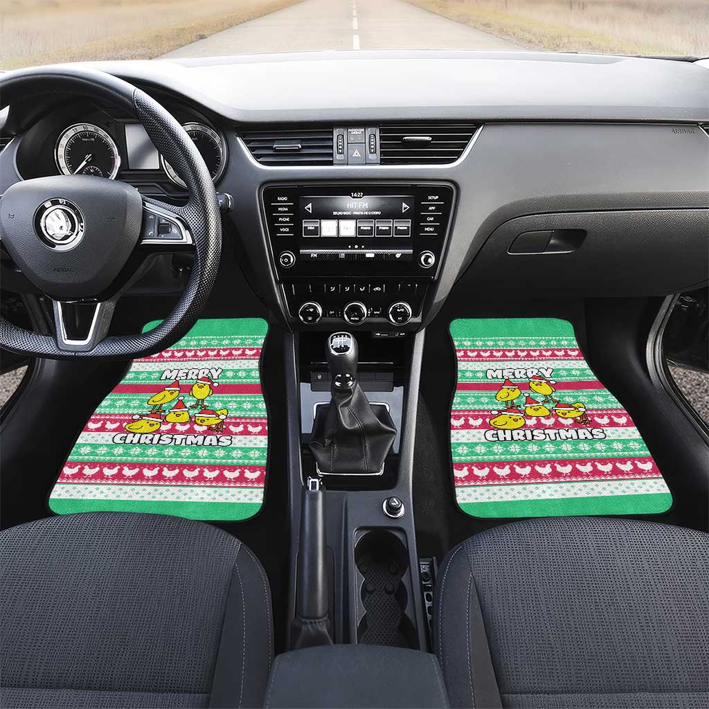 Merry Chickmas Christmas Car Mats with Yellow Cartoon Birds in Santa Hats and Red Green Snowflake Pattern - Wonder Print Shop