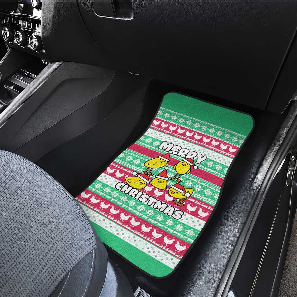 Merry Chickmas Christmas Car Mats with Yellow Cartoon Birds in Santa Hats and Red Green Snowflake Pattern - Wonder Print Shop