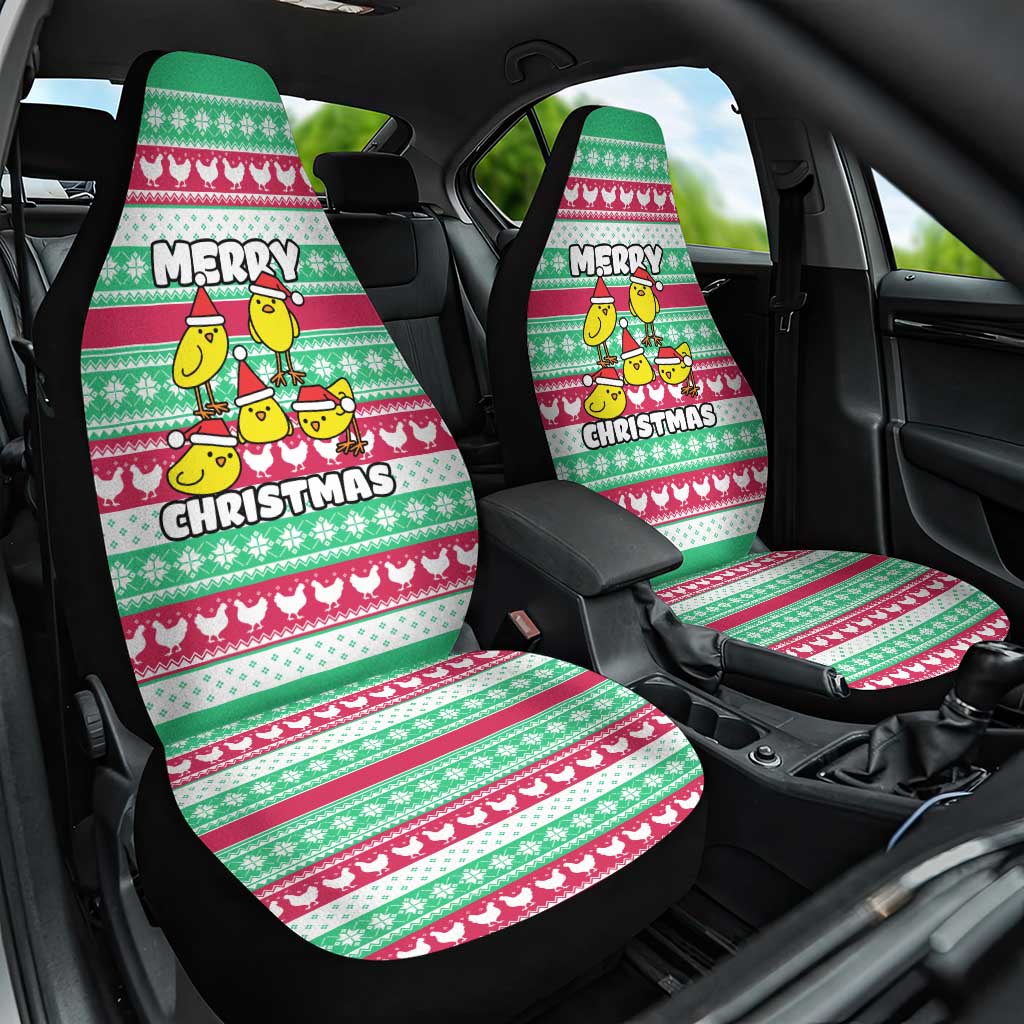 Merry Chickmas Christmas Car Seat Cover with Yellow Cartoon Birds in Santa Hats and Red Green Snowflake Pattern - Wonder Print Shop