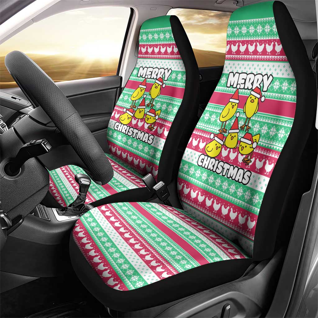 Merry Chickmas Christmas Car Seat Cover with Yellow Cartoon Birds in Santa Hats and Red Green Snowflake Pattern - Wonder Print Shop