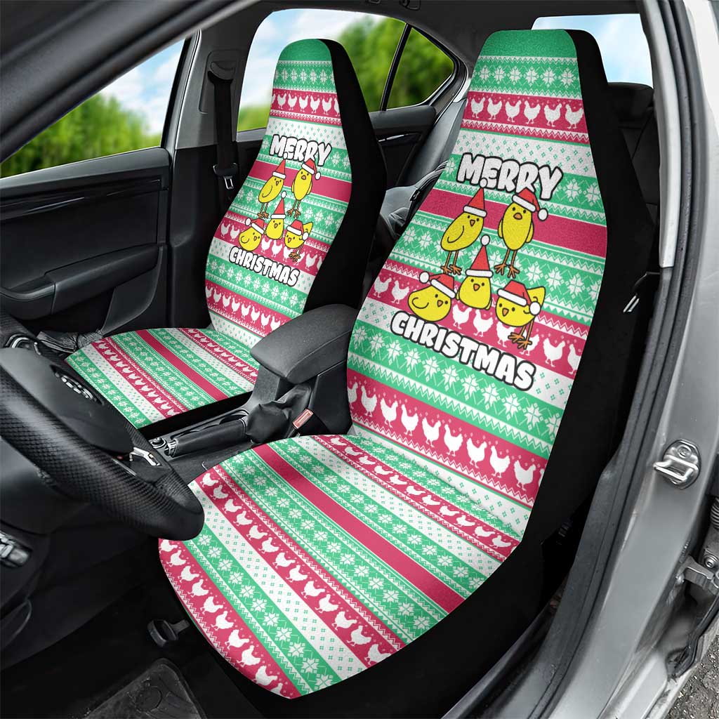 Merry Chickmas Christmas Car Seat Cover with Yellow Cartoon Birds in Santa Hats and Red Green Snowflake Pattern - Wonder Print Shop