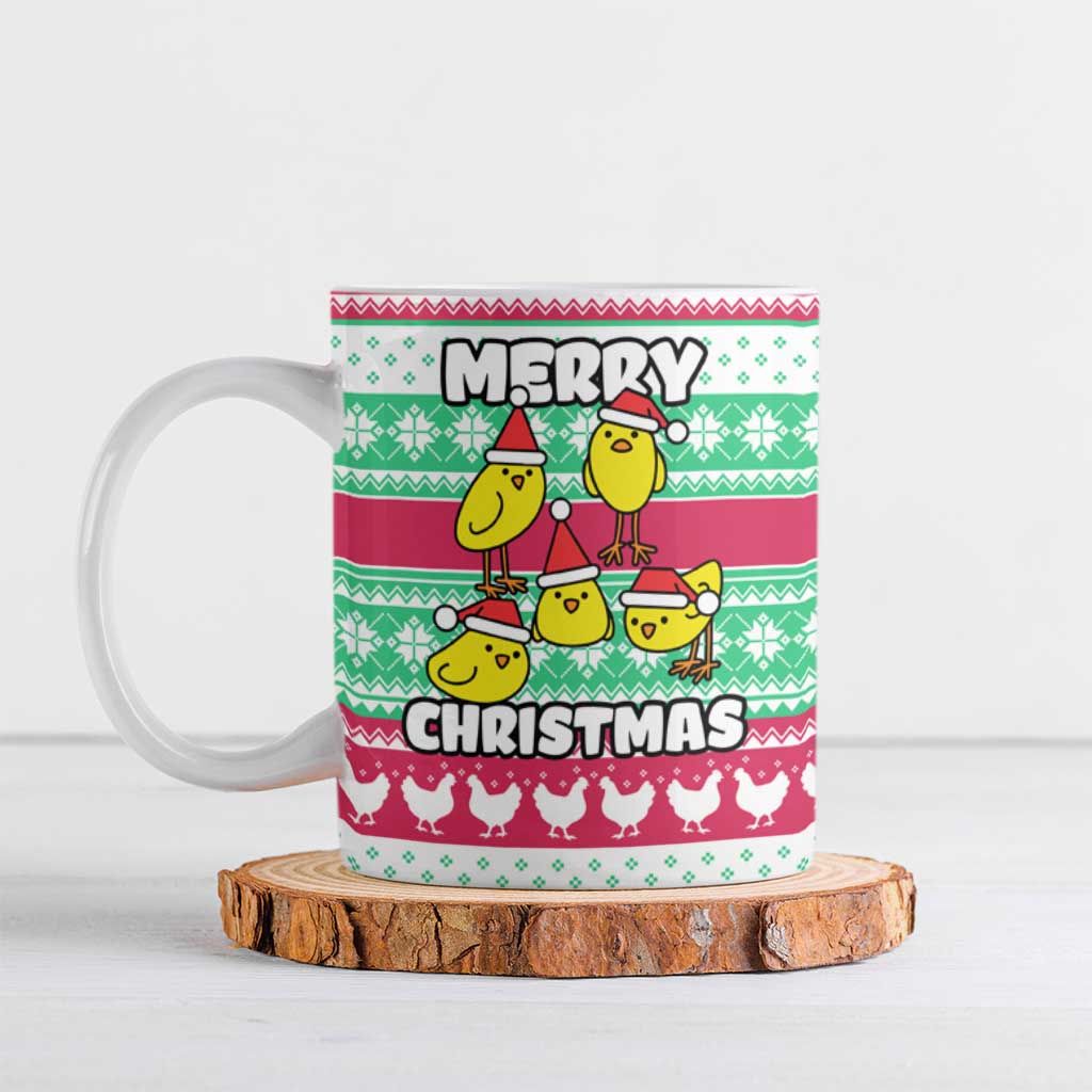 Merry Chickmas Christmas Ceramic Mug with Yellow Cartoon Birds in Santa Hats and Red Green Snowflake Pattern - Wonder Print Shop