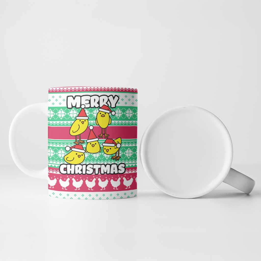 Merry Chickmas Christmas Ceramic Mug with Yellow Cartoon Birds in Santa Hats and Red Green Snowflake Pattern - Wonder Print Shop