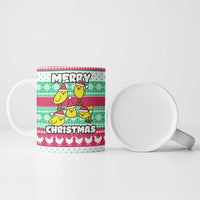 Merry Chickmas Christmas Ceramic Mug with Yellow Cartoon Birds in Santa Hats and Red Green Snowflake Pattern - Wonder Print Shop