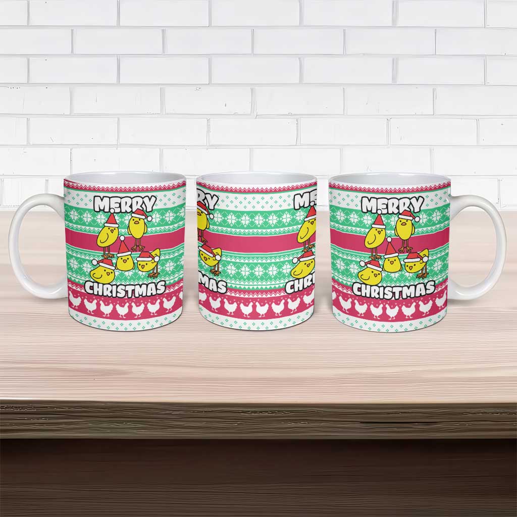 Merry Chickmas Christmas Ceramic Mug with Yellow Cartoon Birds in Santa Hats and Red Green Snowflake Pattern - Wonder Print Shop