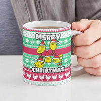 Merry Chickmas Christmas Ceramic Mug with Yellow Cartoon Birds in Santa Hats and Red Green Snowflake Pattern - Wonder Print Shop