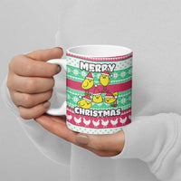 Merry Chickmas Christmas Ceramic Mug with Yellow Cartoon Birds in Santa Hats and Red Green Snowflake Pattern - Wonder Print Shop
