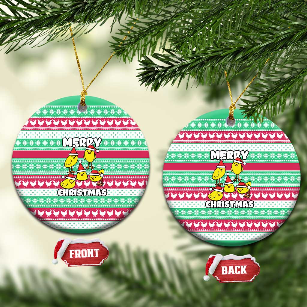 Merry Chickmas Christmas Ceramic Ornament with Yellow Cartoon Birds in Santa Hats and Red Green Snowflake Pattern - Wonder Print Shop