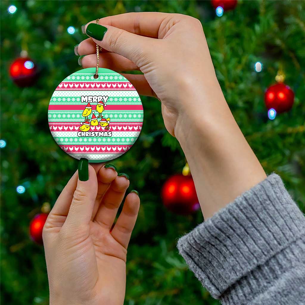 Merry Chickmas Christmas Ceramic Ornament with Yellow Cartoon Birds in Santa Hats and Red Green Snowflake Pattern - Wonder Print Shop