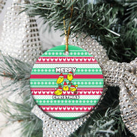 Merry Chickmas Christmas Ceramic Ornament with Yellow Cartoon Birds in Santa Hats and Red Green Snowflake Pattern - Wonder Print Shop