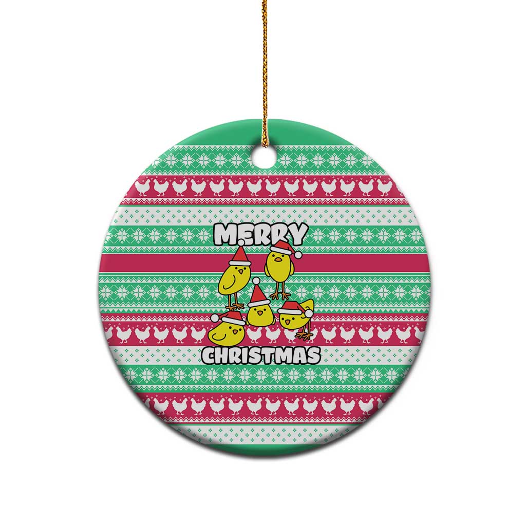 Merry Chickmas Christmas Ceramic Ornament with Yellow Cartoon Birds in Santa Hats and Red Green Snowflake Pattern - Wonder Print Shop