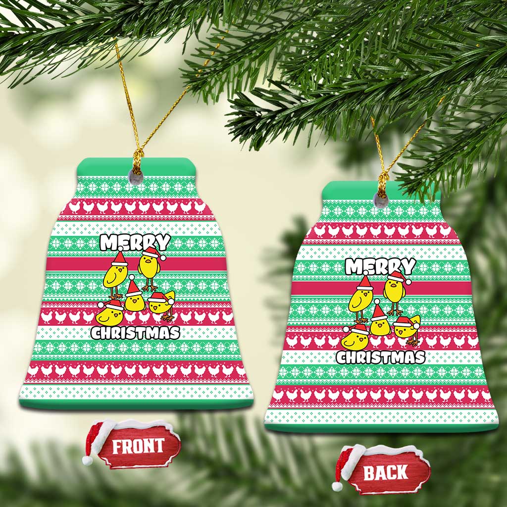 Merry Chickmas Christmas Ceramic Ornament with Yellow Cartoon Birds in Santa Hats and Red Green Snowflake Pattern - Wonder Print Shop