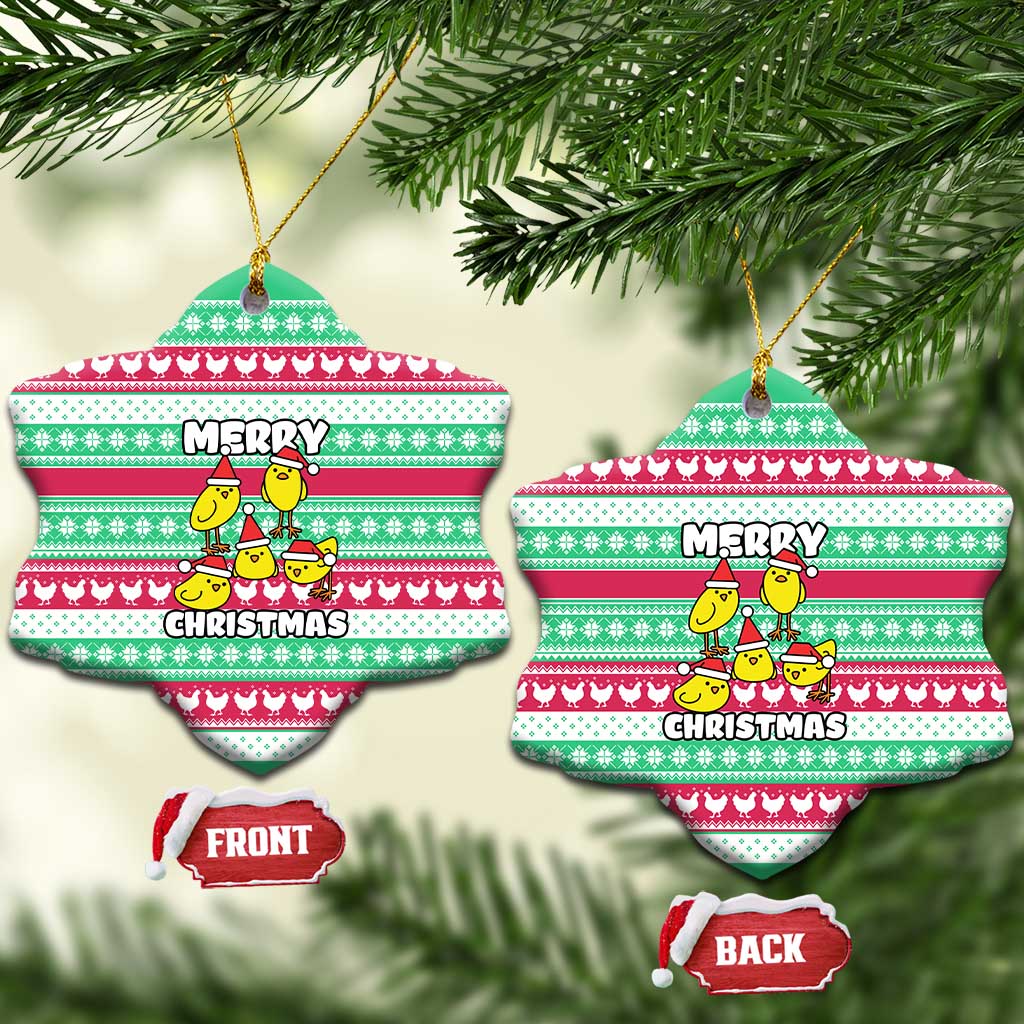 Merry Chickmas Christmas Ceramic Ornament with Yellow Cartoon Birds in Santa Hats and Red Green Snowflake Pattern - Wonder Print Shop